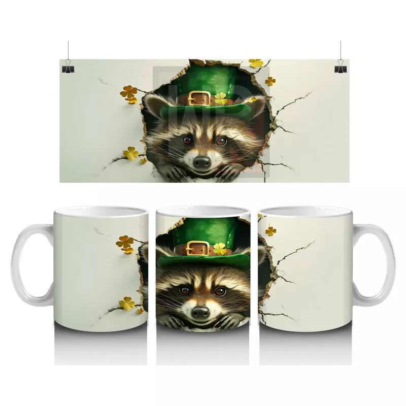 Şapkalı Rakun ve Yeşil Yonca Yaprakları – Baskılı Kahve Kupası