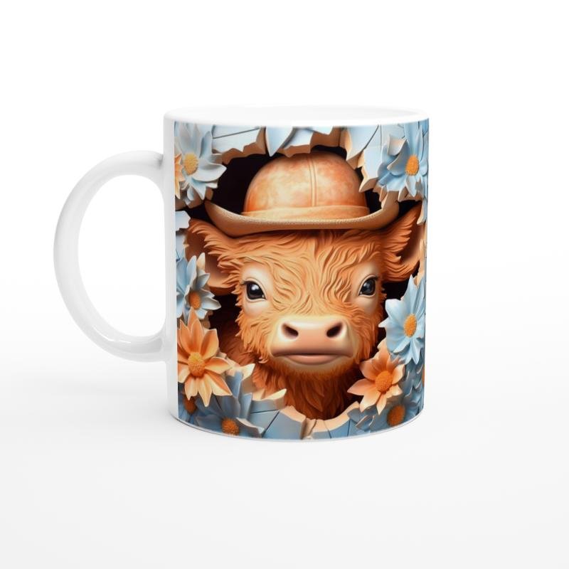 Şapkalı Sevimli Buzağı ve Çiçekler Temalı Baskılı Kupa Bardak