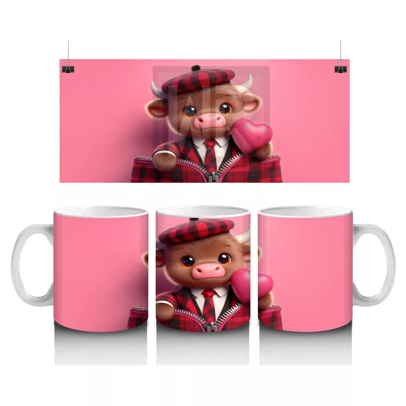 Şapkalı Sevimli Buzağı ve Pembe Kalpler – Baskılı Kupa Bardak