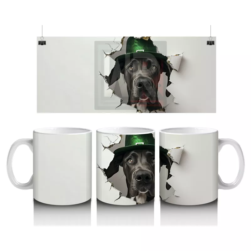 Şapkalı Siyah Köpek ve Yonca Deseni – Baskılı Kahve Kupası