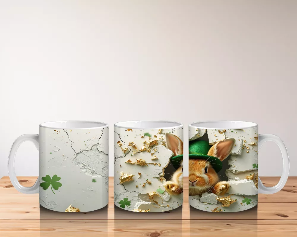 Şapkalı Tavşan ve Yonca Süsleri – Baskılı Kahve Kupası - 5