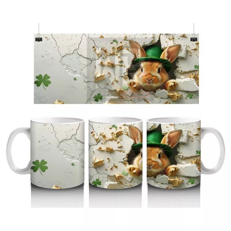 Şapkalı Tavşan ve Yonca Süsleri – Baskılı Kahve Kupası