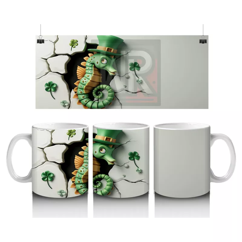 Şapkalı Yeşil Timsah ve Yonca Yaprakları – Baskılı Kahve Kupası