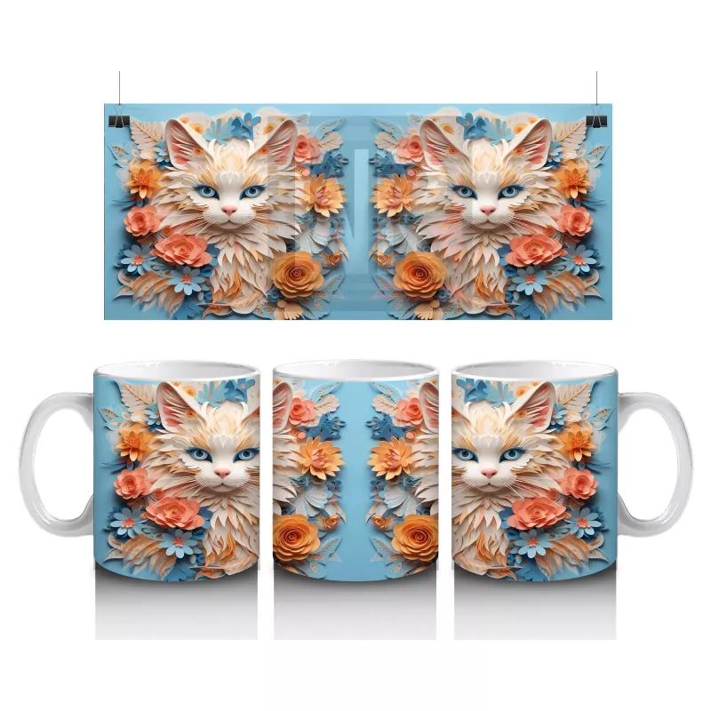 Sarı Çiçekler Arasında Gülümseyen Kedi Çifti – Baskılı Kahve Kupası