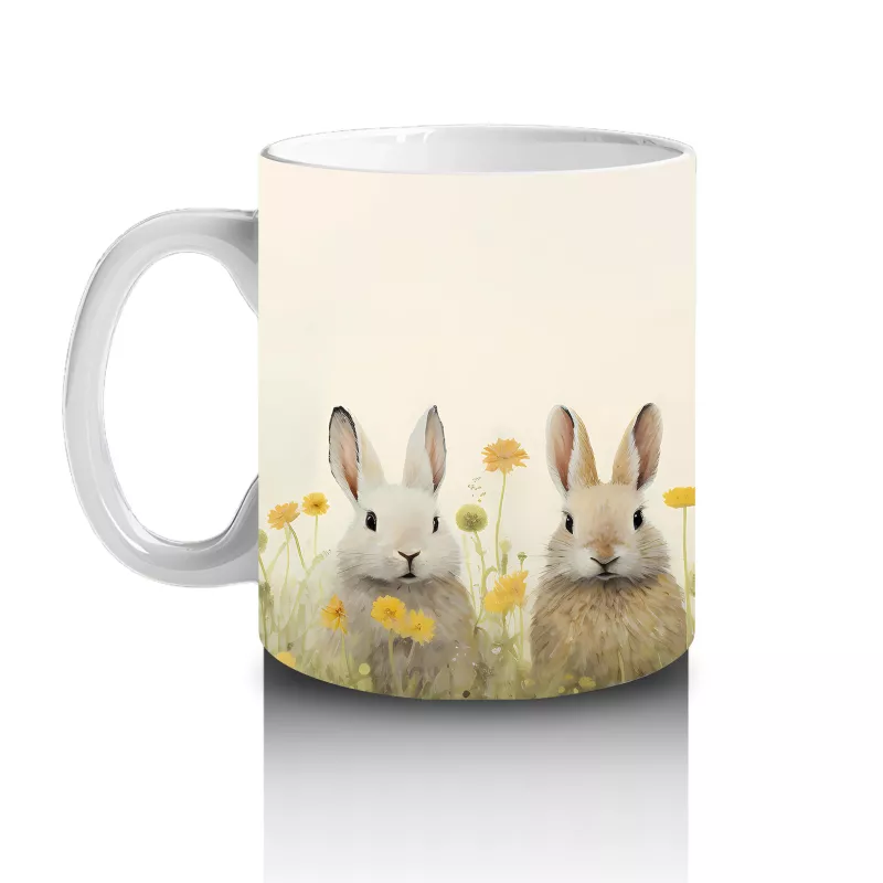 Sarı Çiçekler Arasında Sıralanmış Tavşanlar – Baskılı Kahve Kupası - 2