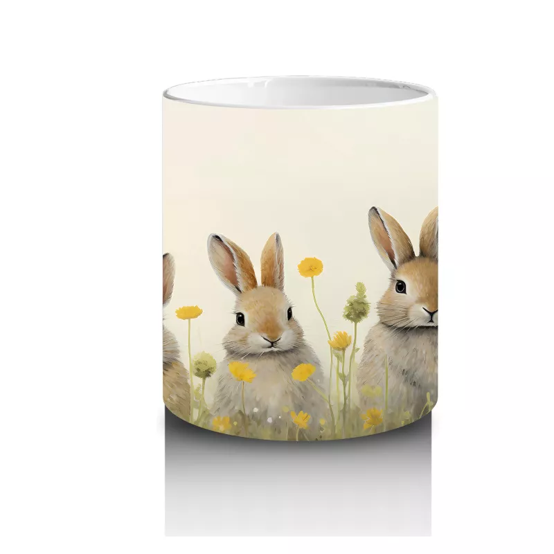 Sarı Çiçekler Arasında Sıralanmış Tavşanlar – Baskılı Kahve Kupası - 3