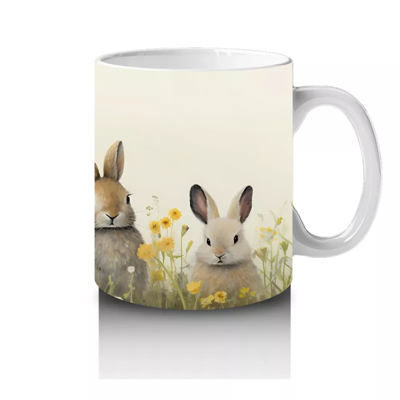 Sarı Çiçekler Arasında Sıralanmış Tavşanlar – Baskılı Kahve Kupası - 4