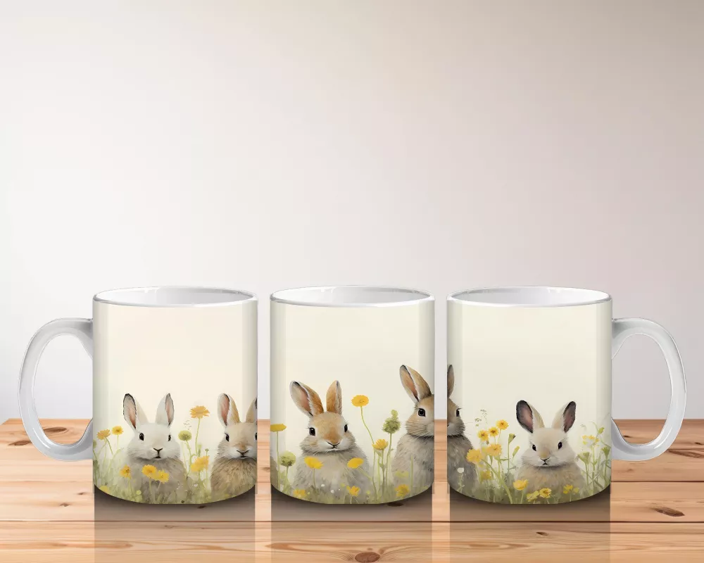 Sarı Çiçekler Arasında Sıralanmış Tavşanlar – Baskılı Kahve Kupası - 5