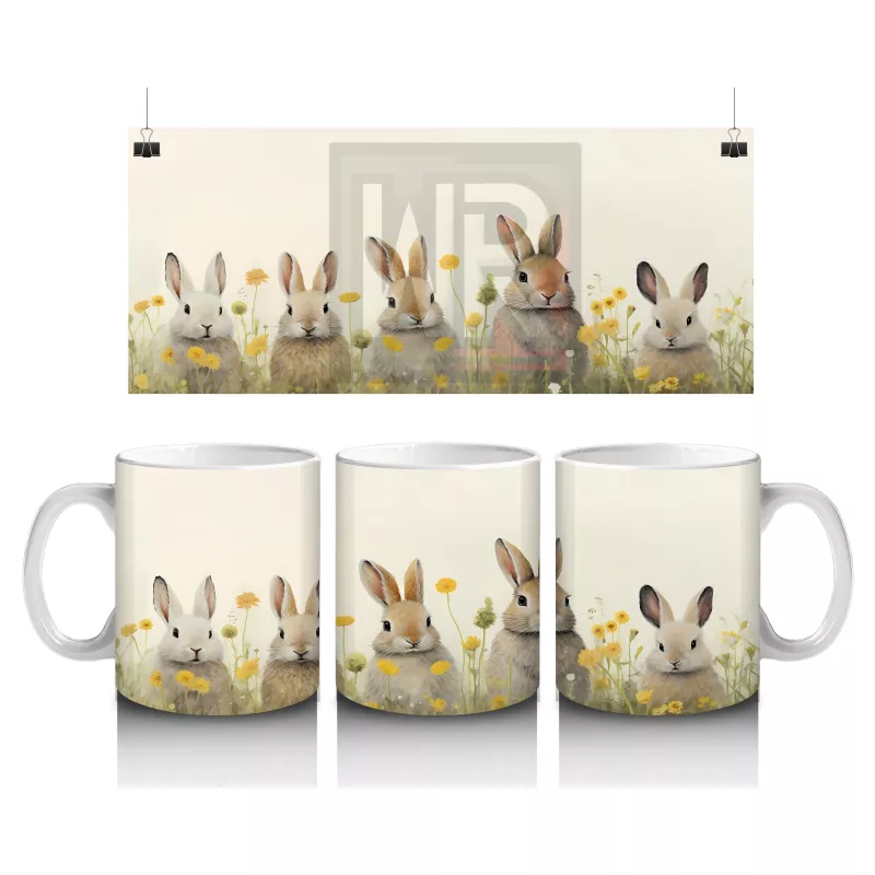 Sarı Çiçekler Arasında Sıralanmış Tavşanlar – Baskılı Kahve Kupası