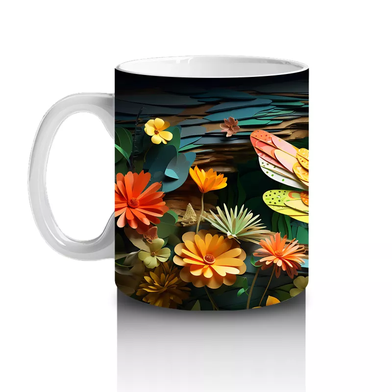 Sarı Çiçeklerle Bezeli Suda Yansıyan Yusufçuk Deseni - Baskılı kahve kupası - 2