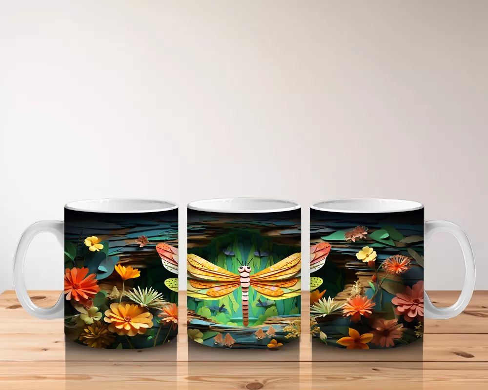 Sarı Çiçeklerle Bezeli Suda Yansıyan Yusufçuk Deseni - Baskılı kahve kupası - 5