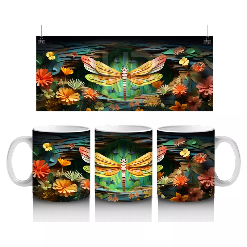 Sarı Çiçeklerle Bezeli Suda Yansıyan Yusufçuk Deseni - Baskılı kahve kupası