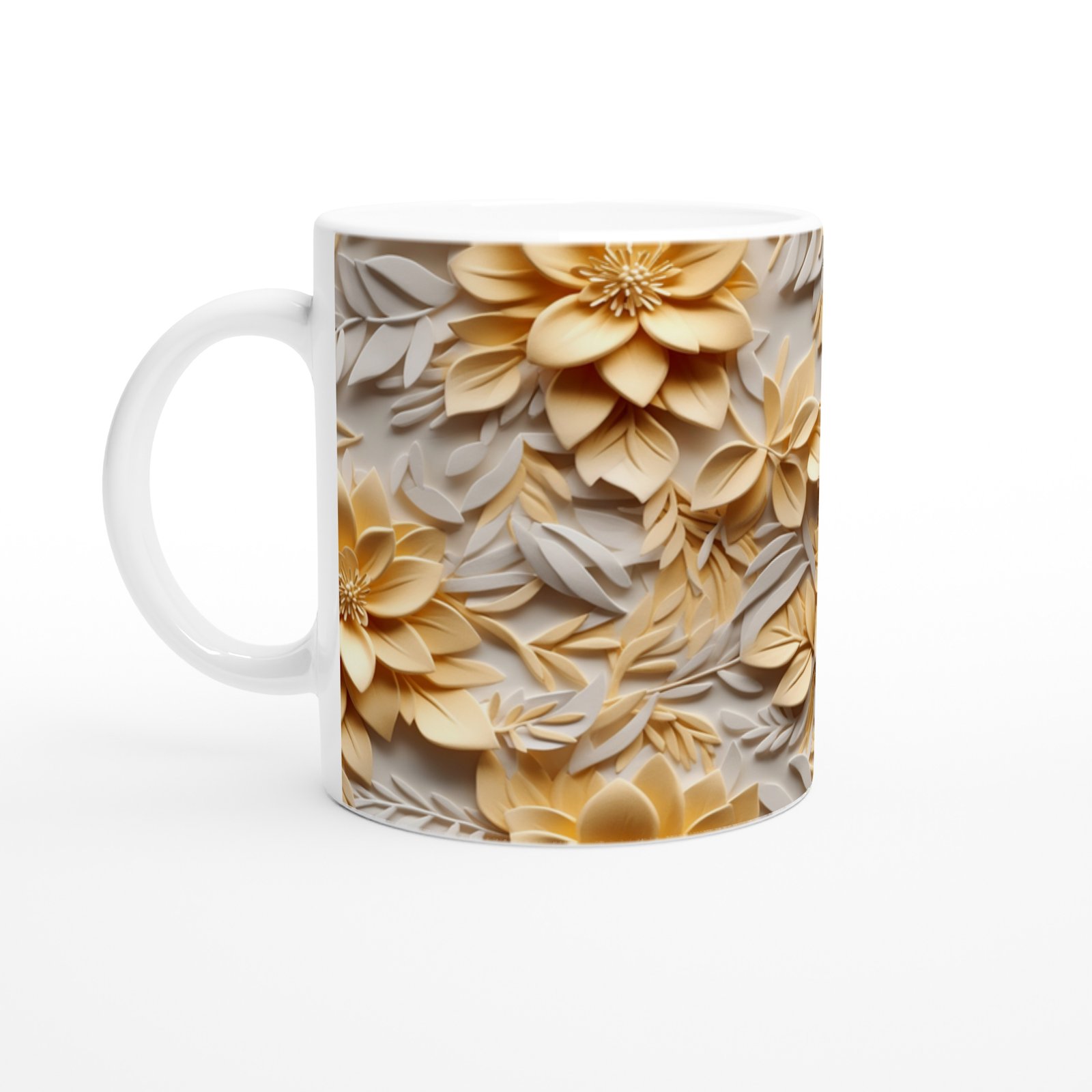 Sarı Tonlarda Işıltılı Rölyef Çiçekli Kupa Bardak