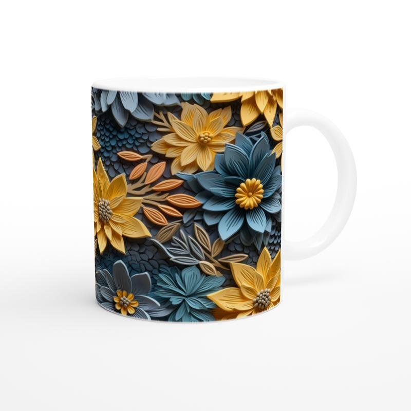 Sarı ve Mavi Rölyef Çiçeklerle Desenlenmiş Kupa Bardak - 3