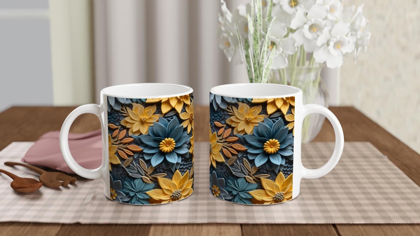 Sarı ve Mavi Rölyef Çiçeklerle Desenlenmiş Kupa Bardak - 5