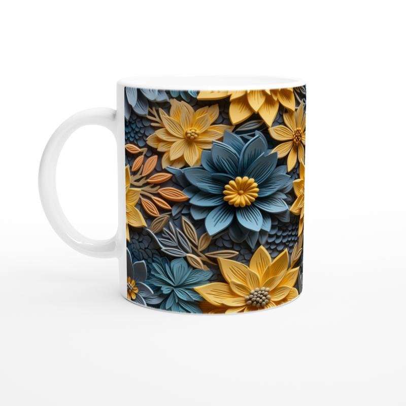 Sarı ve Mavi Rölyef Çiçeklerle Desenlenmiş Kupa Bardak