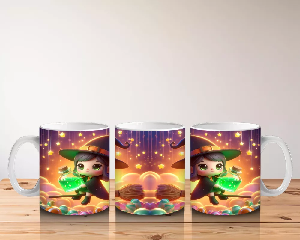 Şeker Sepetli Cadı Kız Figürlü Sevimli Cadılar Bayramı Baskılı Kupa - 5