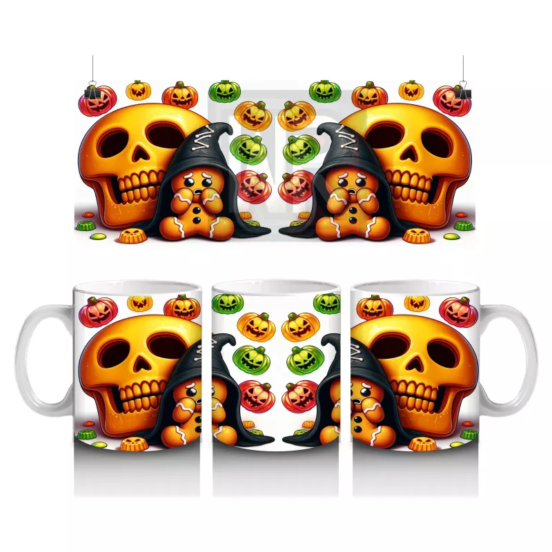 Şeker Sepetli Cadı ve Balkabağı Figürlü Sevimli Cadılar Bayramı Baskılı Kupa