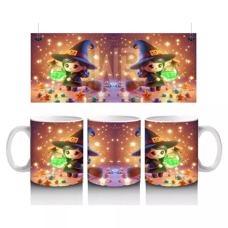 Sevimli Cadı Kız ve Şeker Sepeti Figürlü Renkli Cadılar Bayramı Baskılı Kupa Bardak