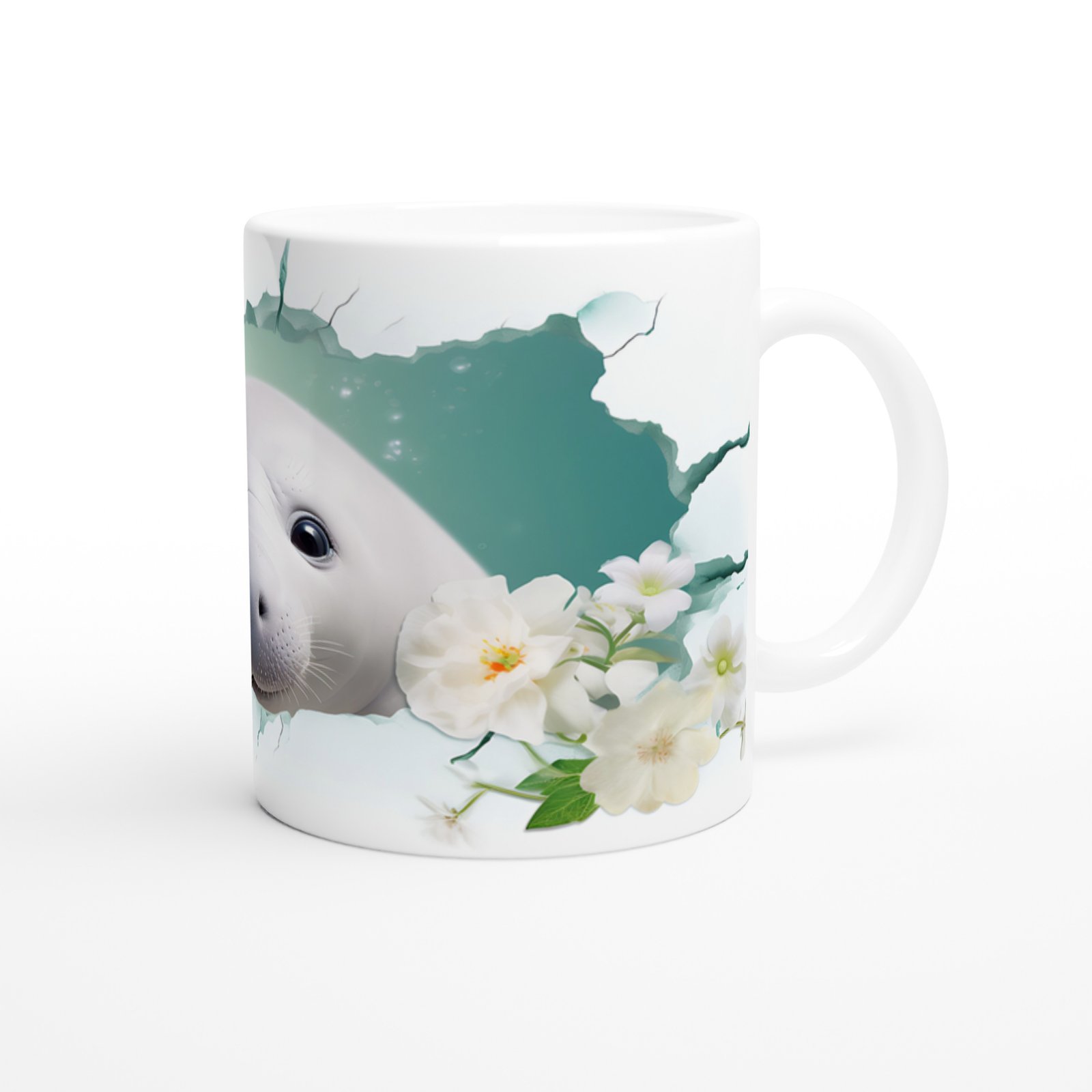 Sevimli Fok ve Çiçek Detaylı Su Altı Temalı Kupa Bardak - 3