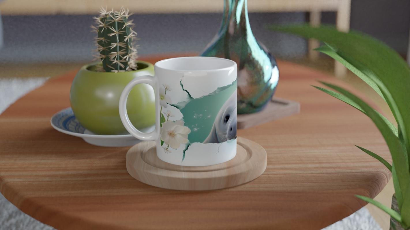 Sevimli Fok ve Çiçek Detaylı Su Altı Temalı Kupa Bardak - 4