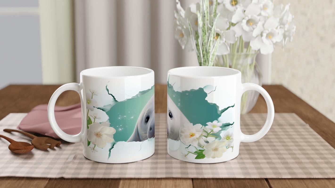 Sevimli Fok ve Çiçek Detaylı Su Altı Temalı Kupa Bardak - 5