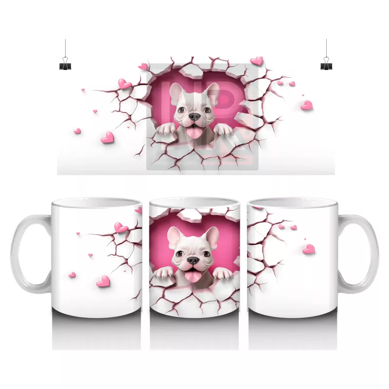 Sevimli Fransız Bulldog ve Pembe Kalpler Temalı Tasarım - Baskılı kahve kupası