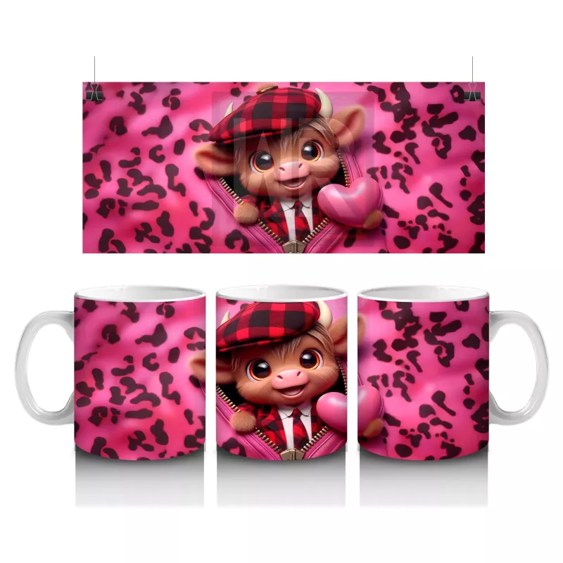 Sevimli Pembe Boğa Kalplerle – Baskılı Kupa