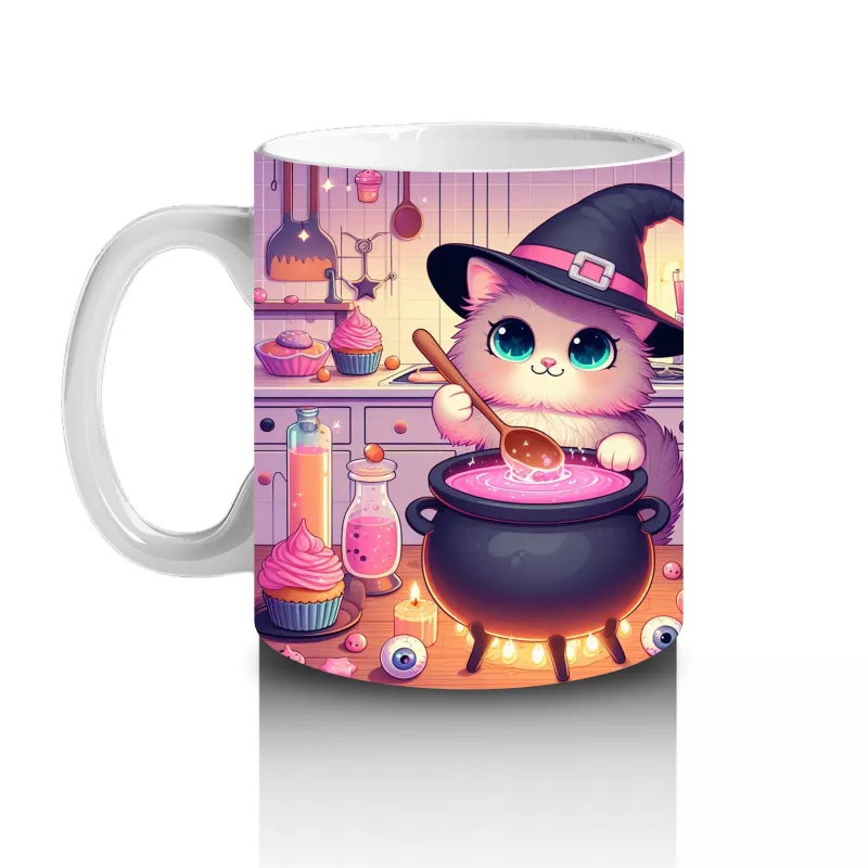 Sevimli Pembe Cadı Kız Figürlü Renkli Cadılar Bayramı Baskılı Kupa Bardak - 2