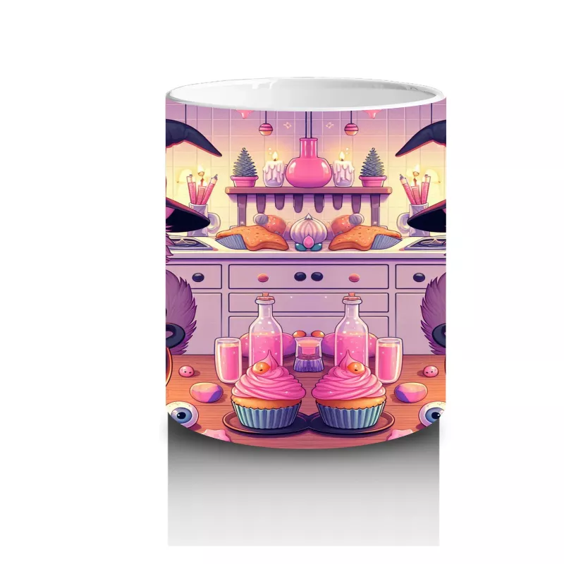 Sevimli Pembe Cadı Kız Figürlü Renkli Cadılar Bayramı Baskılı Kupa Bardak - 3