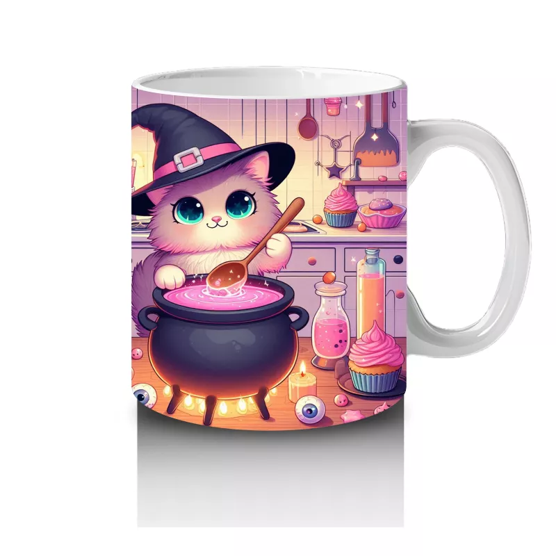 Sevimli Pembe Cadı Kız Figürlü Renkli Cadılar Bayramı Baskılı Kupa Bardak - 4