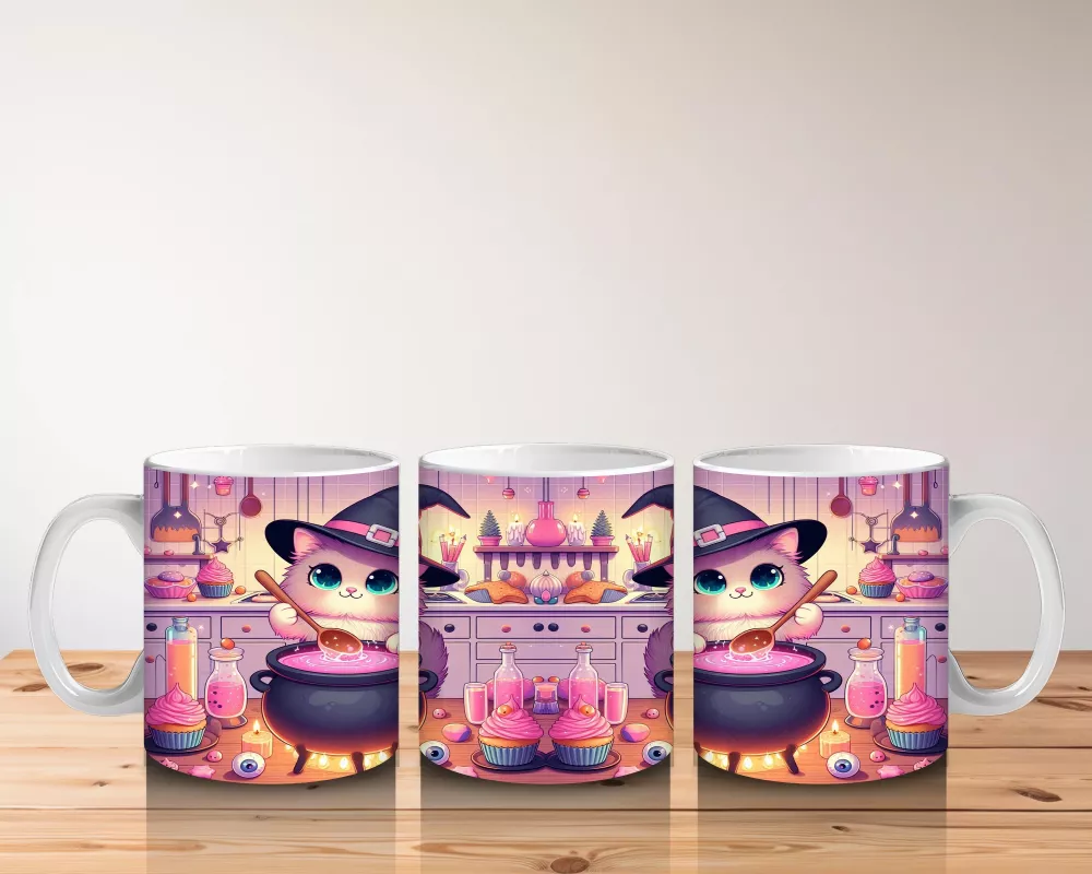 Sevimli Pembe Cadı Kız Figürlü Renkli Cadılar Bayramı Baskılı Kupa Bardak - 5