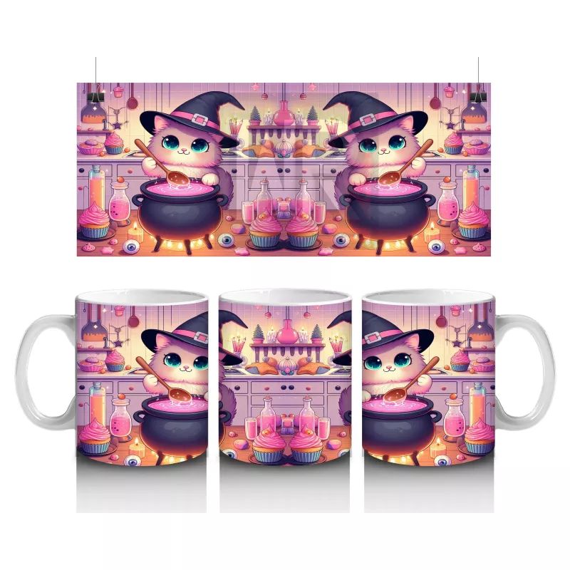 Sevimli Pembe Cadı Kız Figürlü Renkli Cadılar Bayramı Baskılı Kupa Bardak