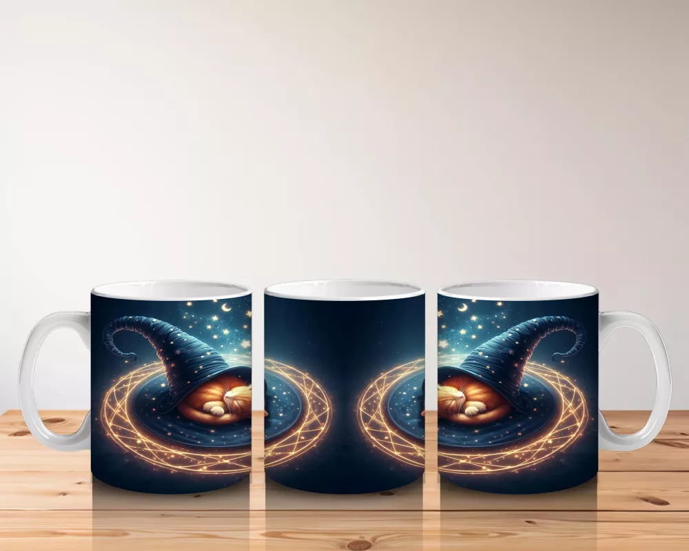 Sihirli Şapkalı Kedi Figürlü Işıltılı Halloween Baskılı Kupa - 5