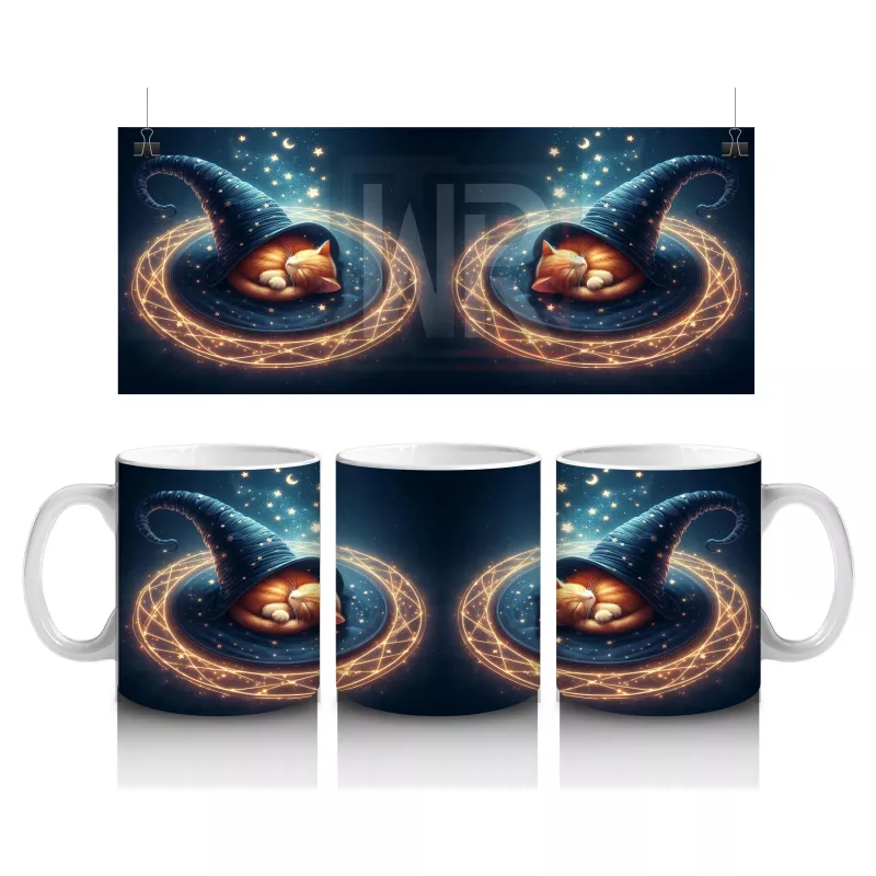 Sihirli Şapkalı Kedi Figürlü Işıltılı Halloween Baskılı Kupa