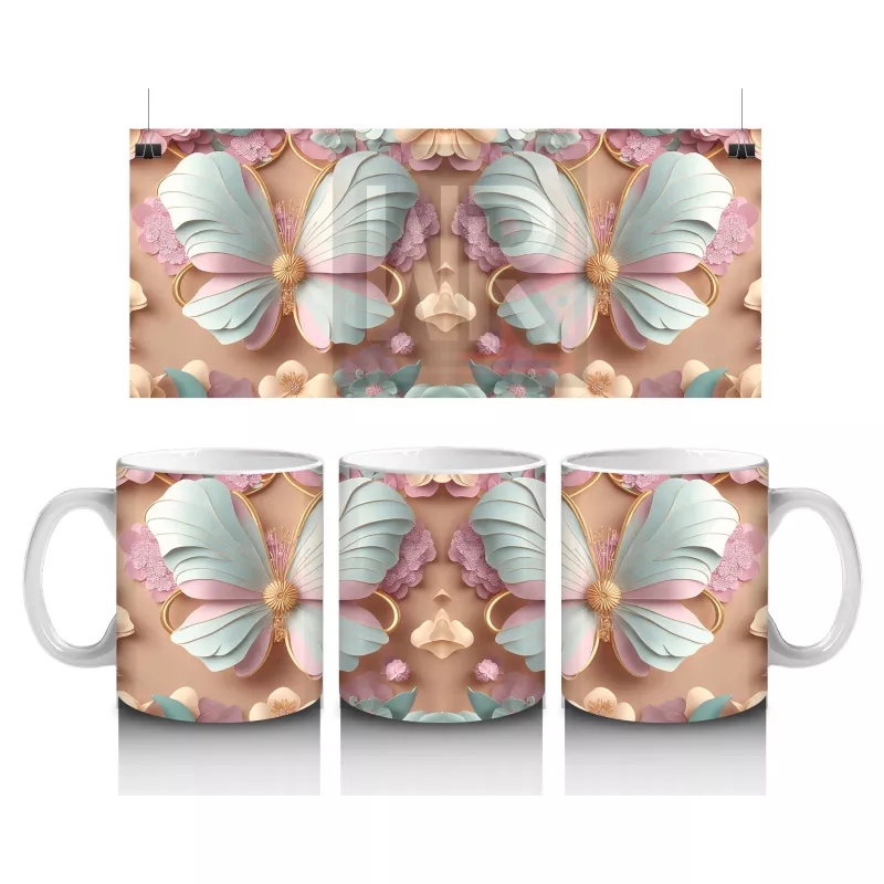 Simetrik Pastel Renkli Kelebekler - Baskılı Kahve Kupası