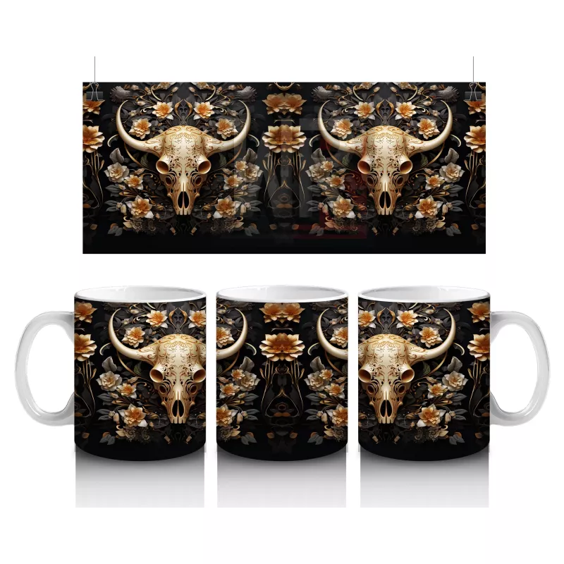 Siyah Arka Plan Üzerinde Altın Mandala Motifli Boğa Figürü - Baskılı kahve kupası