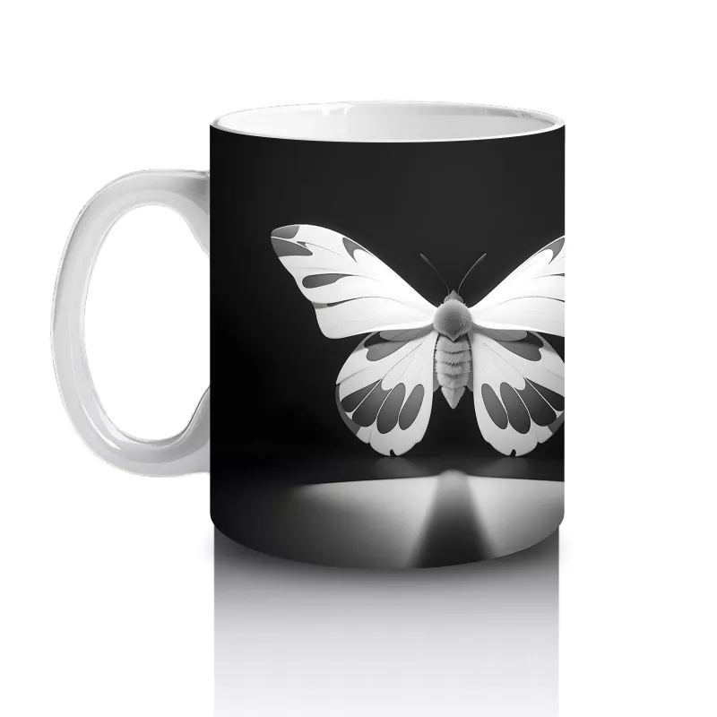 Siyah Beyaz Işıltılı Kelebek Silueti – Baskılı Kahve Kupası - 2