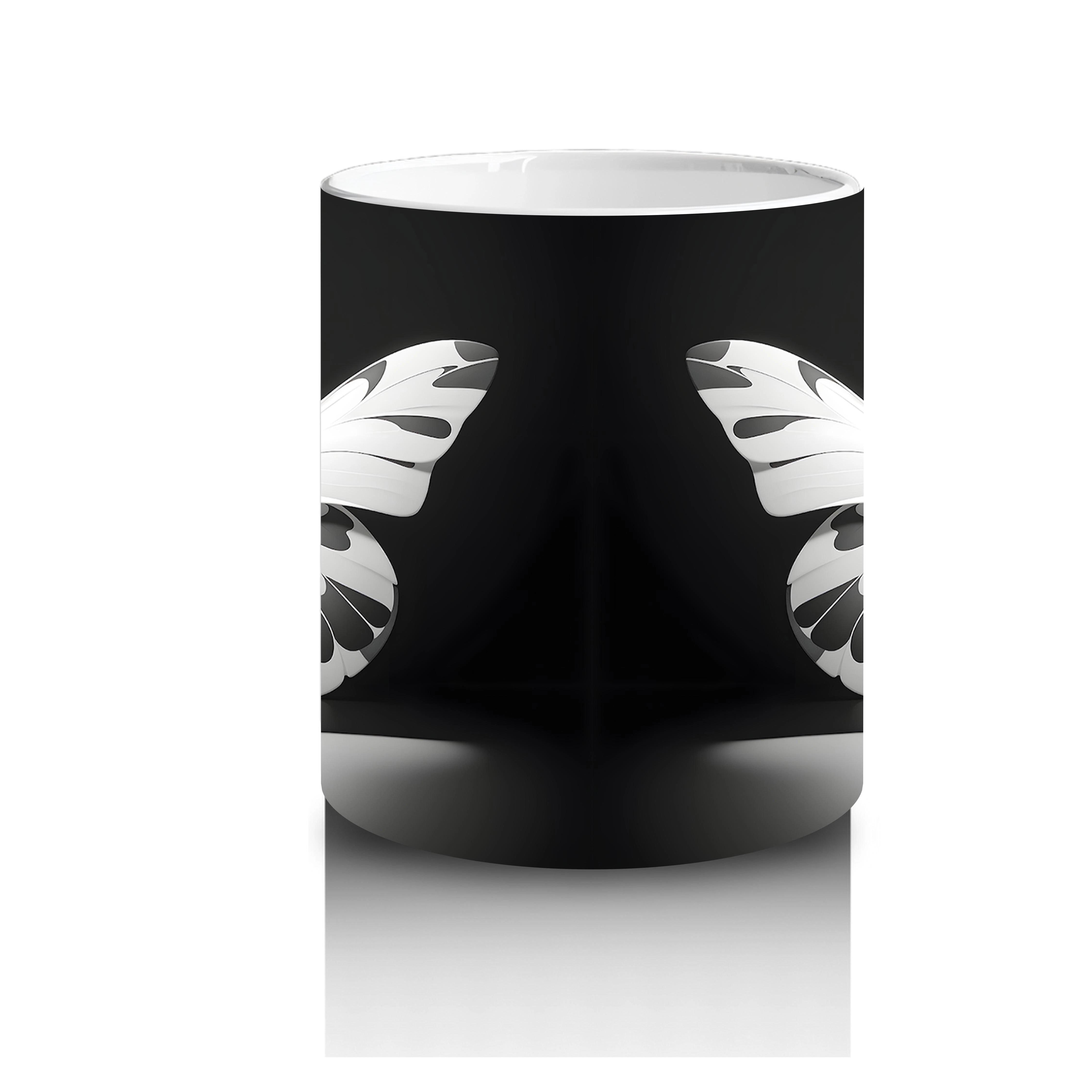 Siyah Beyaz Işıltılı Kelebek Silueti – Baskılı Kahve Kupası - 3