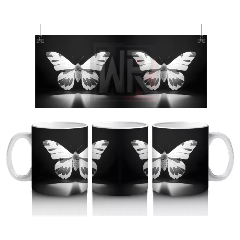 Siyah Beyaz Işıltılı Kelebek Silueti – Baskılı Kahve Kupası