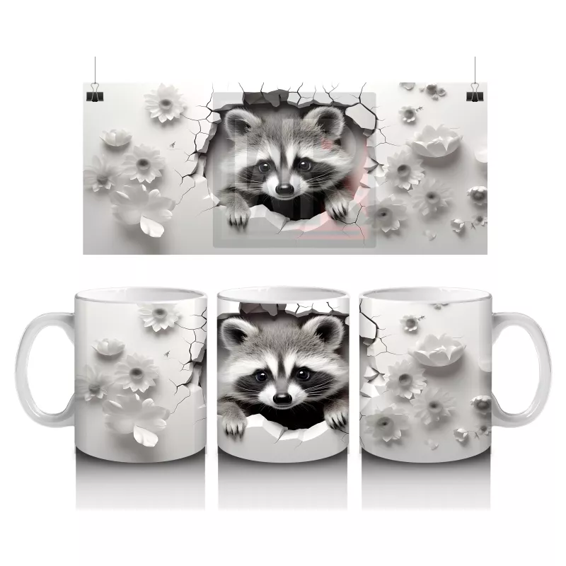 Siyah Beyaz Rakun Figürü Çatlak Duvar Temasıyla - Baskılı kahve kupası