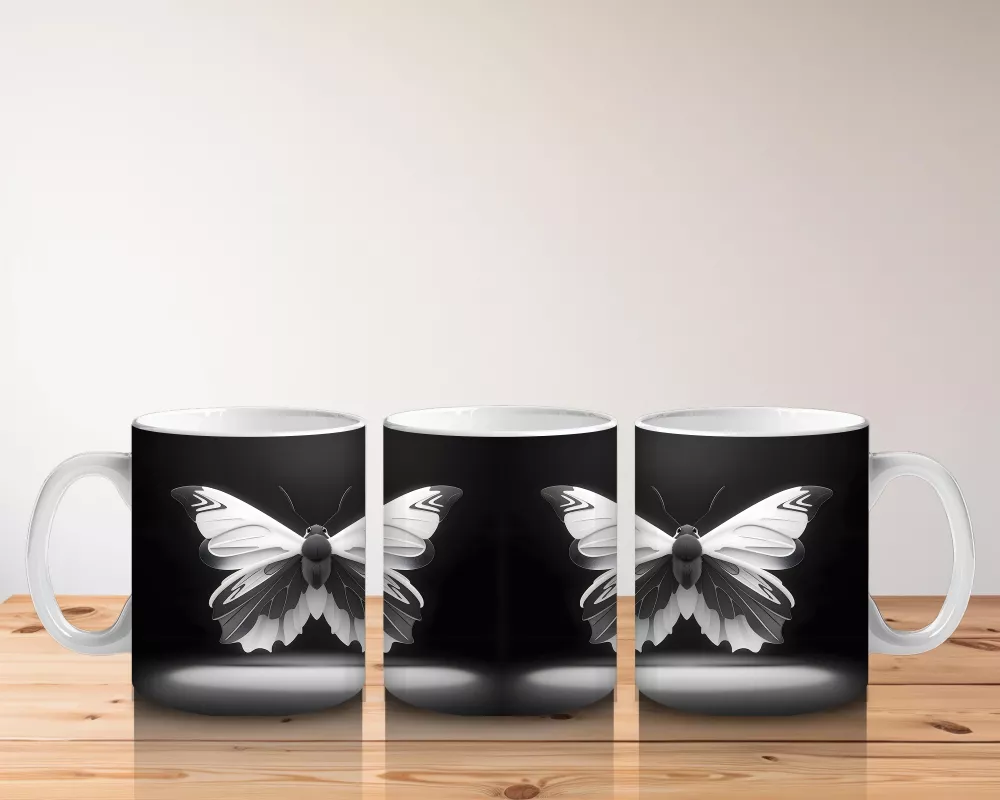 Siyah Beyaz Zarif Kelebek İkilisi – Baskılı Kahve Kupası - 5