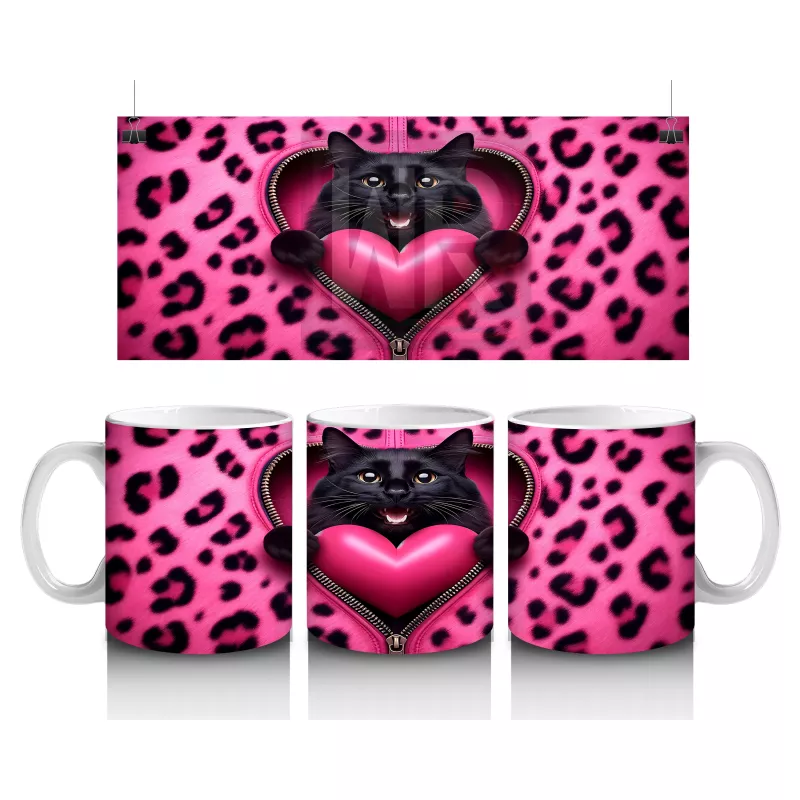Siyah Kediler ve Pembe Kalp – Baskılı Kahve Kupası