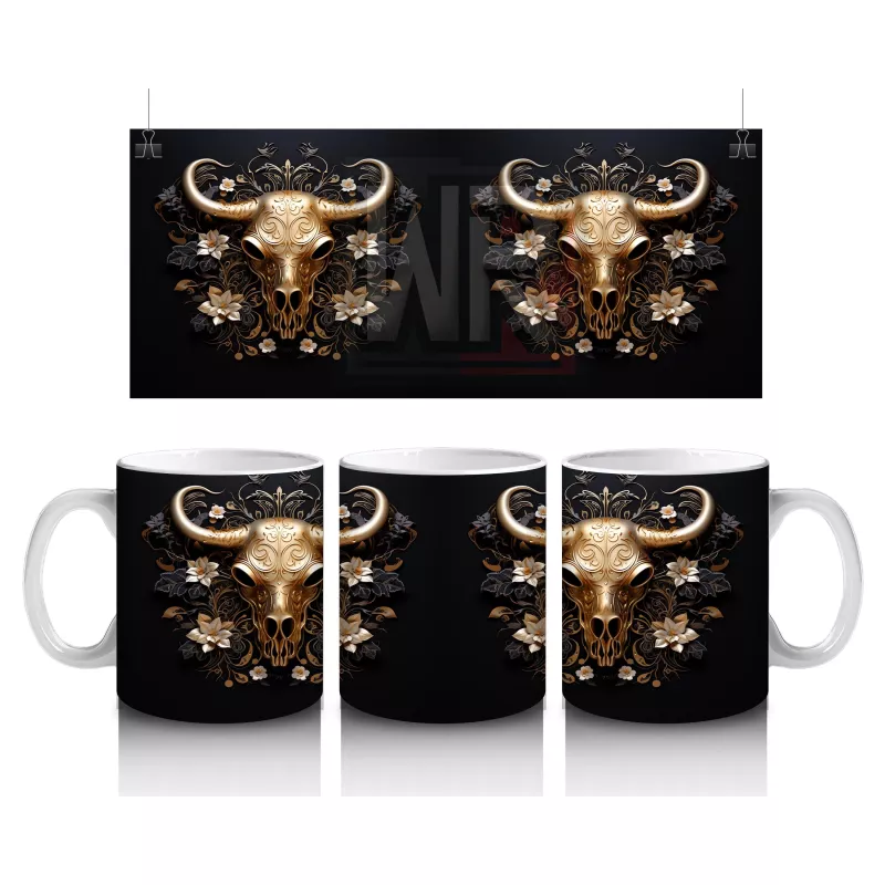 Siyah Zemin Üzerinde Altın Renkli Boğa İkilisi – Baskılı Kahve Kupası