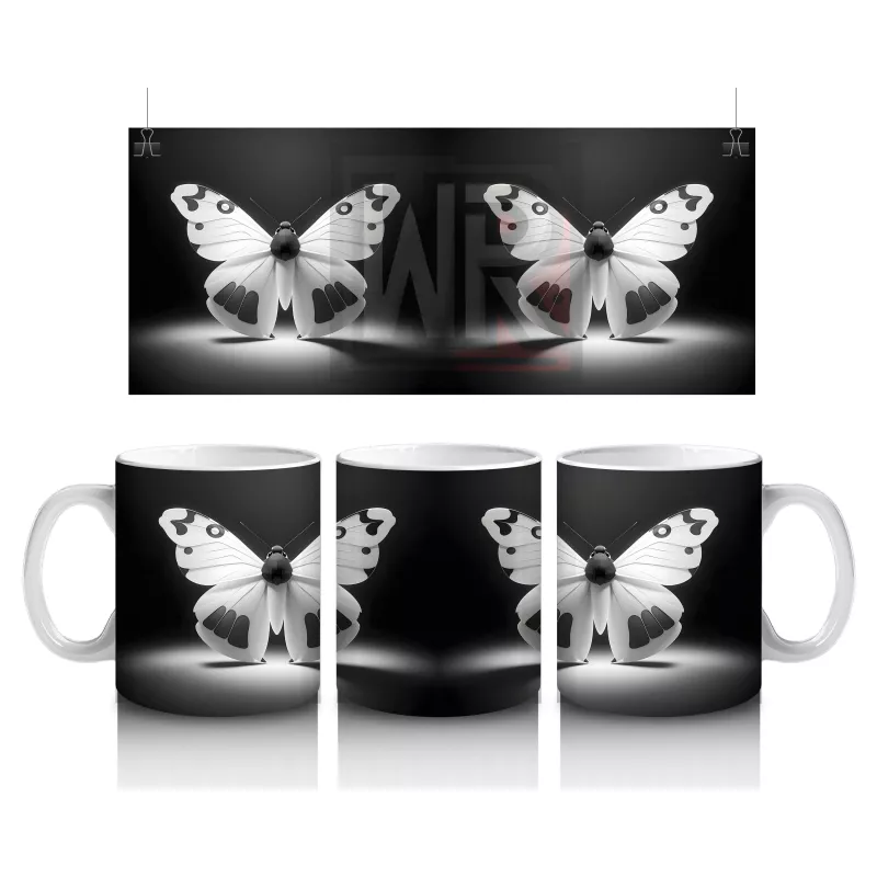 Siyah Zemin Üzerinde Ayna Yansımalı Beyaz Kelebek – Baskılı Kahve Kupası