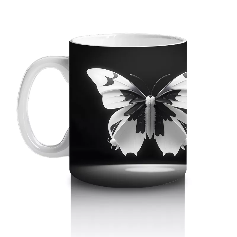 Siyah Zemin Üzerinde Beyaz Kelebekler – Baskılı Kupa - 2