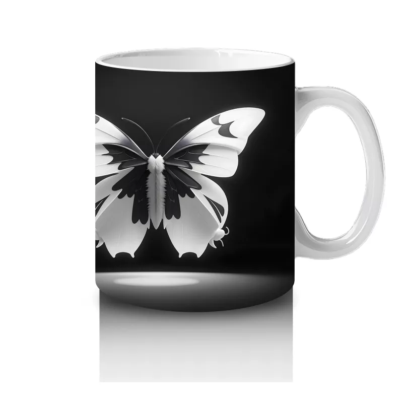 Siyah Zemin Üzerinde Beyaz Kelebekler – Baskılı Kupa - 4