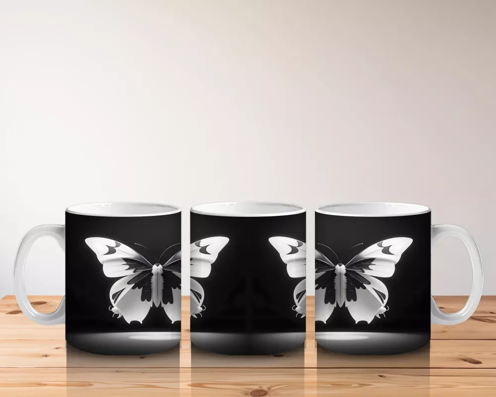 Siyah Zemin Üzerinde Beyaz Kelebekler – Baskılı Kupa - 5