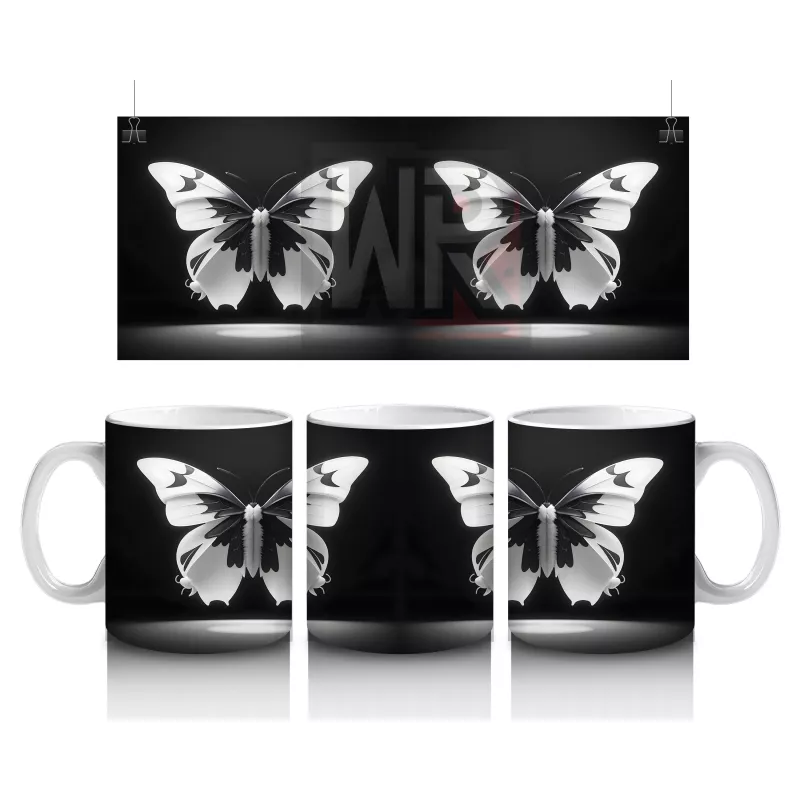 Siyah Zemin Üzerinde Beyaz Kelebekler – Baskılı Kupa