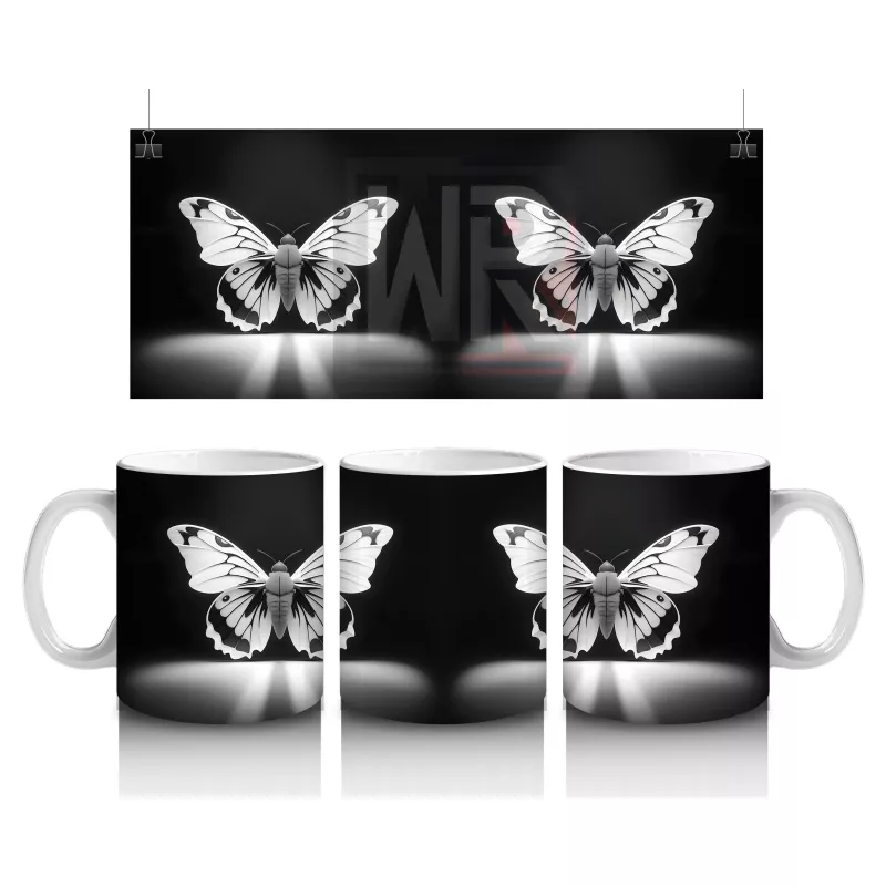 Siyah Zeminde Ayna Yansımalı Gümüş Kelebekler – Baskılı Kahve Kupası
